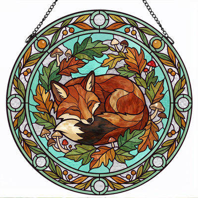 Sleeping Fox Stained Glass Window Panel，7.8H