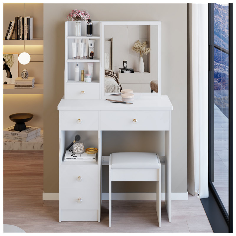 Petit meuble-lavabo de 29,2 po avec tabouret de bureau et tabouret rembourré, très grand miroir coulissant à droite, rangement multi-couches à grande capacité, commode pratique et pratique, convient aux petits espaces