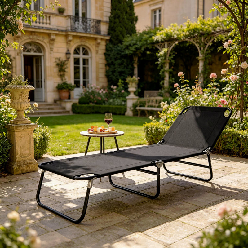 Fauteuil de bronzage extérieur, chaise longue pliante, Black