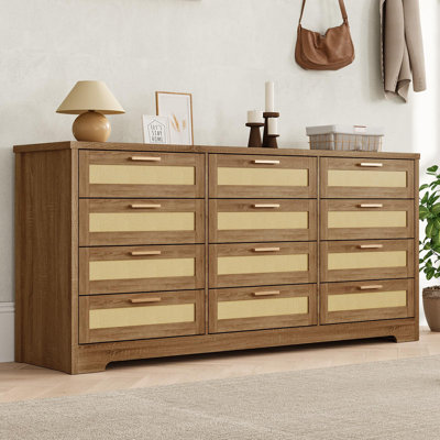 12 Drawer Rattan Dresser for Bedroom, Modern Farmhouse Wood Chest with Handles & Large Storage