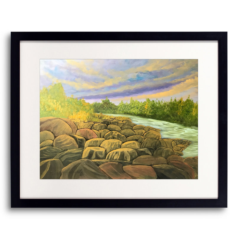 La rivière par Alicia Lopez - Peinture, Papier avec cadre noir, H 16 po x l 20 po