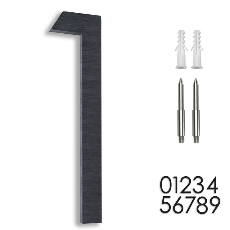 Numéro de maison 8 po en aluminium massif antirouille, flottant ou encastré, Noir brossé, #1