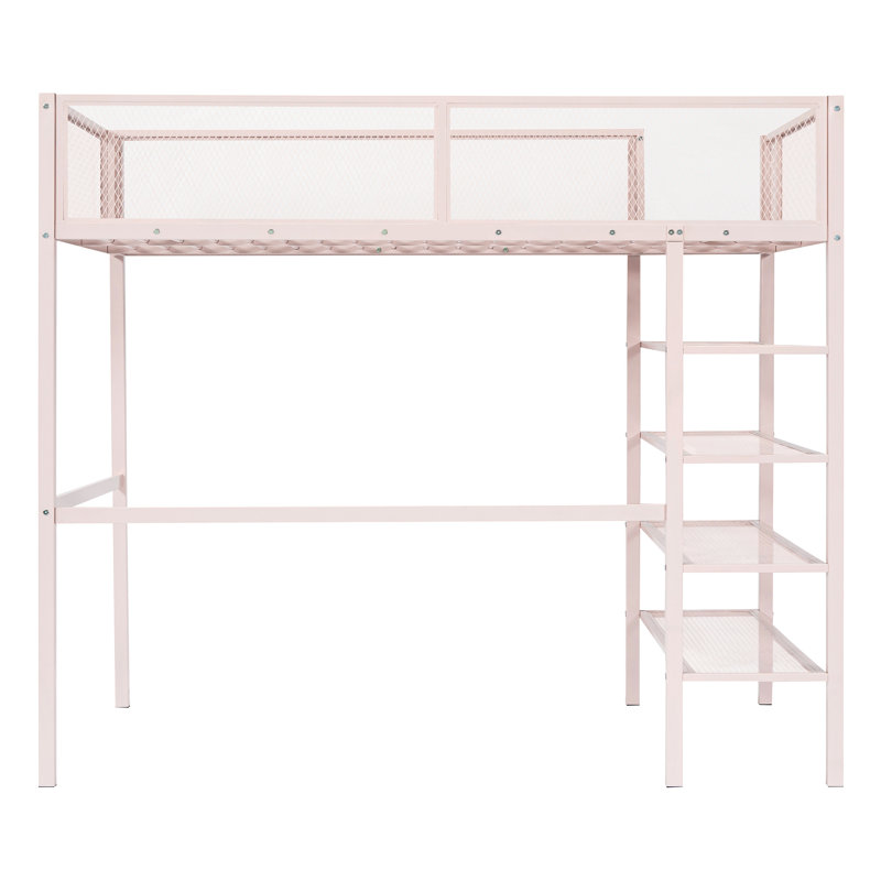 Lit mezzanine en métal avec tablettes à 4 niveaux et rangement, Lit simple, Rose