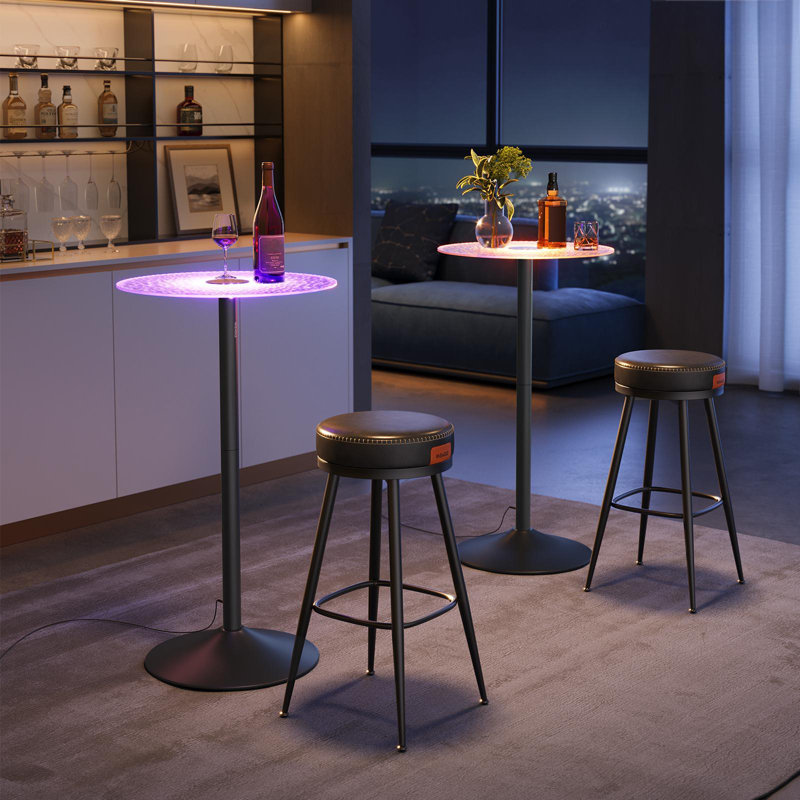 Bar Table, Round Cocktail Table with Multi-Coloured Lights and Glass Top, Large Steel Base