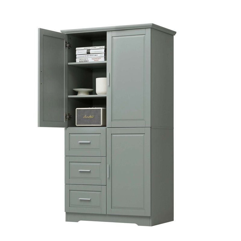 Grande armoire de rangement grise avec portes et 3 tiroirs pour la salle de bain et le bureau