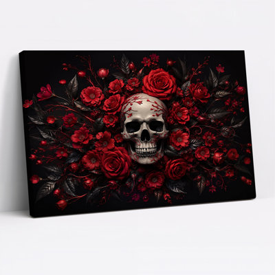 Art mural sur toile, crâne humain blanc avec roses rouges et feuilles foncées