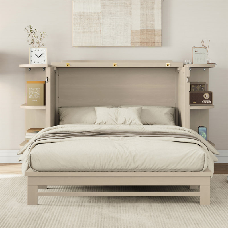 Armoire-lit style rustique en pin massif de style campagnard avec station de charge et 2 tablettes ouvertes pour le bureau à domicile ou une petite pièce