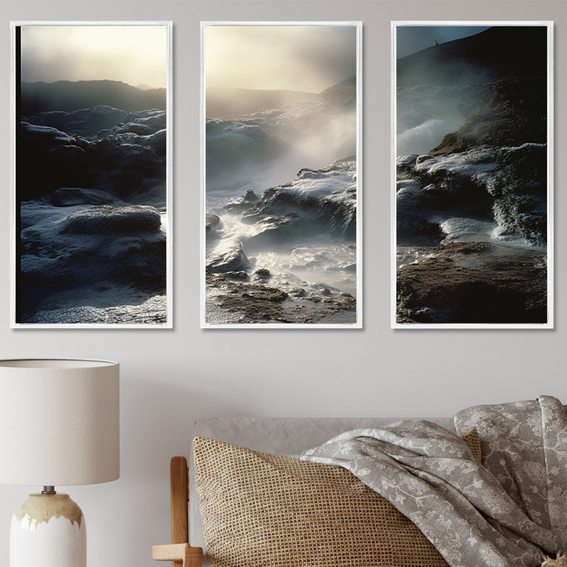 Geyser Winter Scenery II - Ensemble de décorations murales Geyser, Cadre flottant blanc, H 32 po x l 48 po x P 1 po