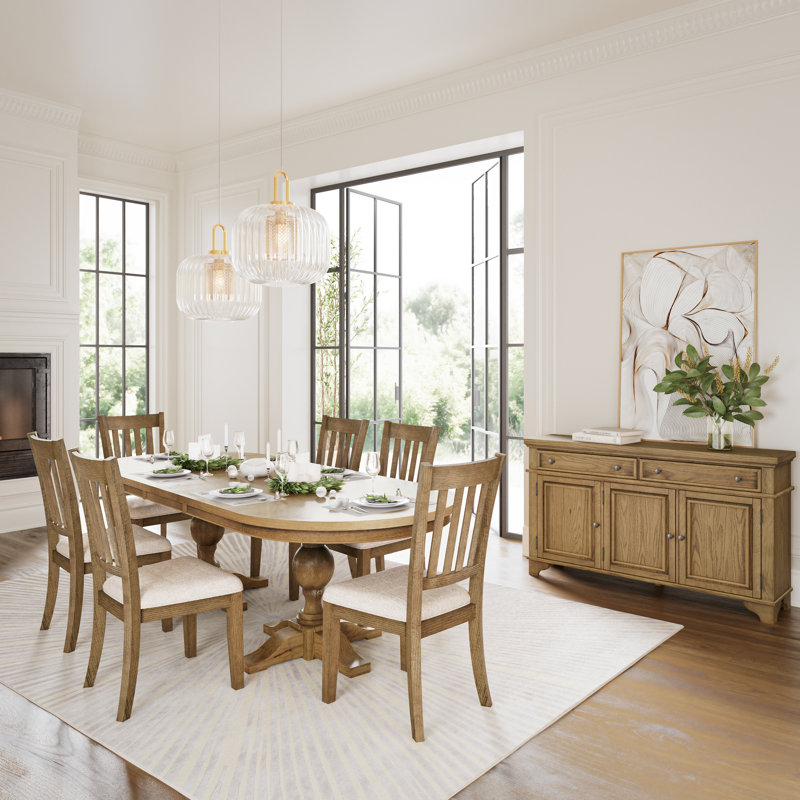 Ledbetter 7 Piece Double Pedestal Transitional Modern Dining Set - Light Brown, Light Brown