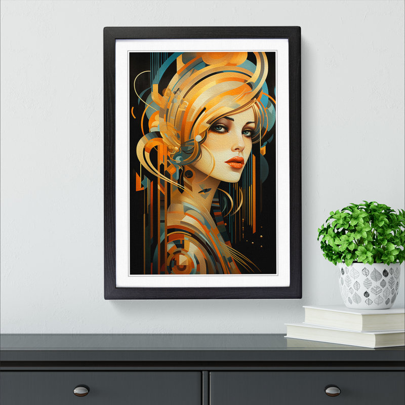Art Deco Woman Modern Art Framed Print, 46cm H x 34cm W, Black Framed