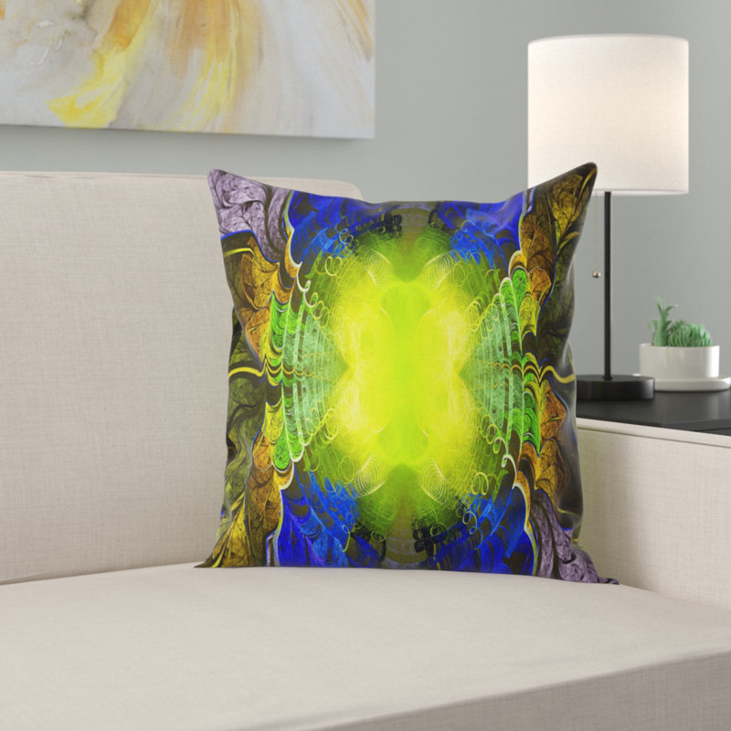 Vitrail vert doré fractal - Coussin imprimé abstrait, 16 po x 16 po, Coussin décoratif