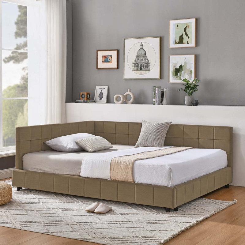 Velvet Daybed,Upholstered Tufted Bed Frame, Sofa Bed Frame with Comfortable Backrest and Armrests, Full, Brown