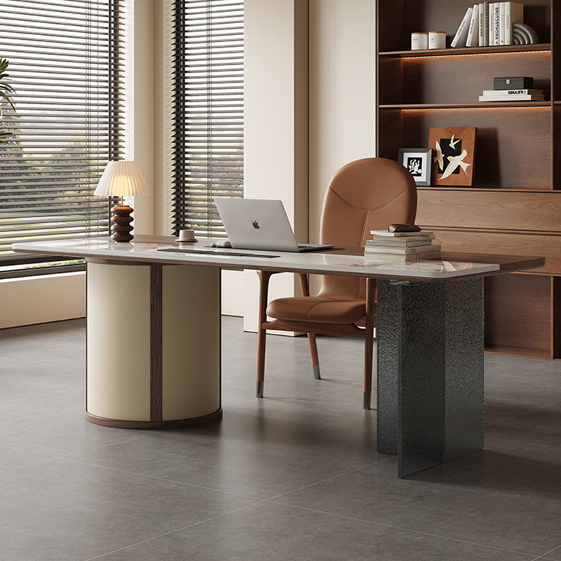 Noyer brun + pierre frittée rectangulaire beige + bois massif + bureau en acrylique, H 29,53 po x l 70,87 po x P 31,5 po