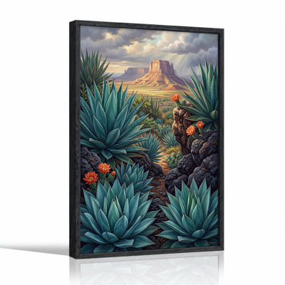 Blue Agave Plants and Orange Cactus Flowers Near Rocky Mesa Canvas Wall Art