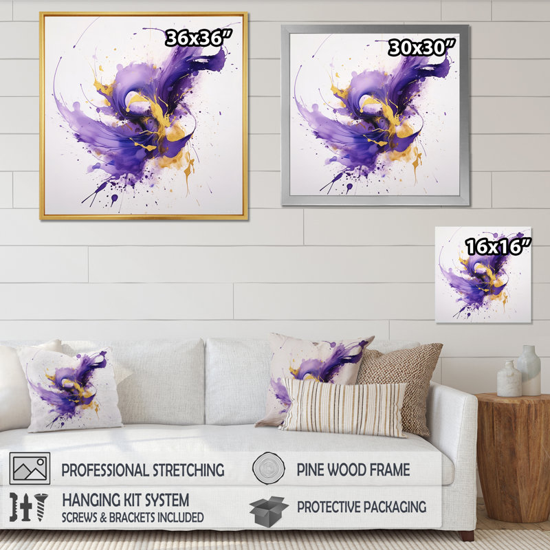 «Mauve et or», impression sur toile encadrée de fractales, H 24 po x l 24 po x P 1 po, Cadre simple noir