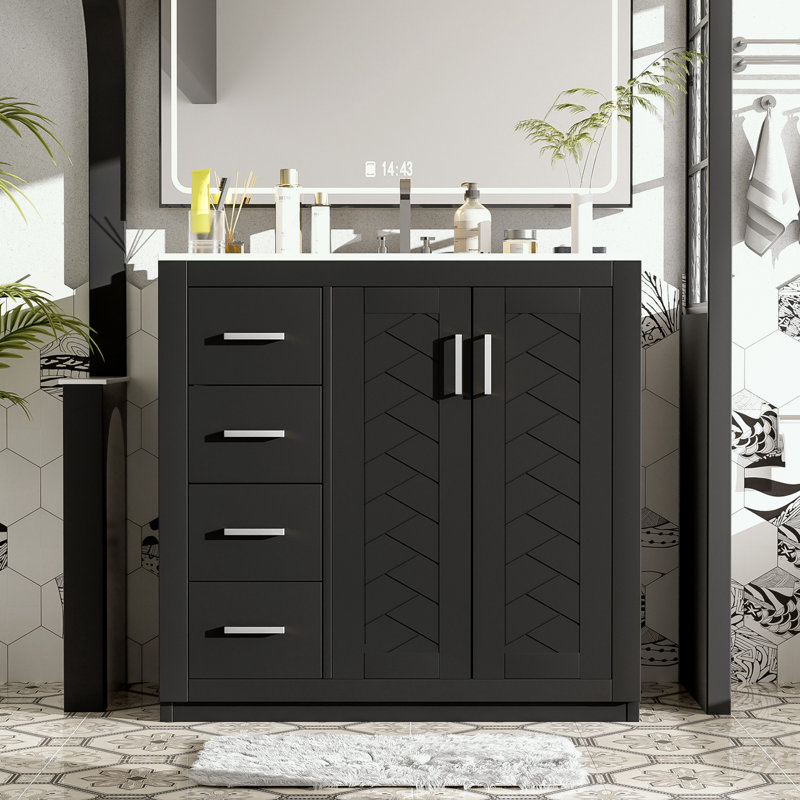 Meuble-lavabo de salle de bain avec lavabo, 3 tiroirs et portes à fermeture douce, Noir