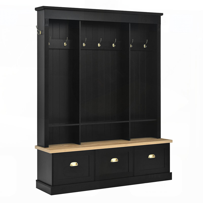 Elegant APP Controlled LED Light Hall Tree with 9 Hooks, Roman Column Design, and Natural Storage Bench with 3 Large Cabinets