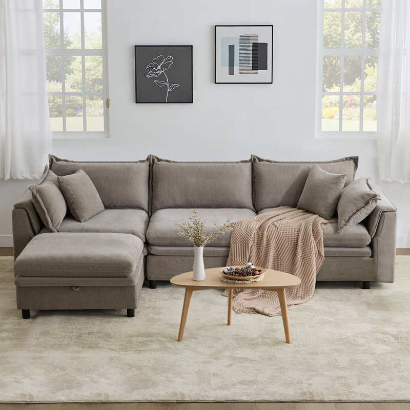 113'' Upholstered L-Shape Sectional Cloud Couch With Storage Ottoman, Gray Chenille