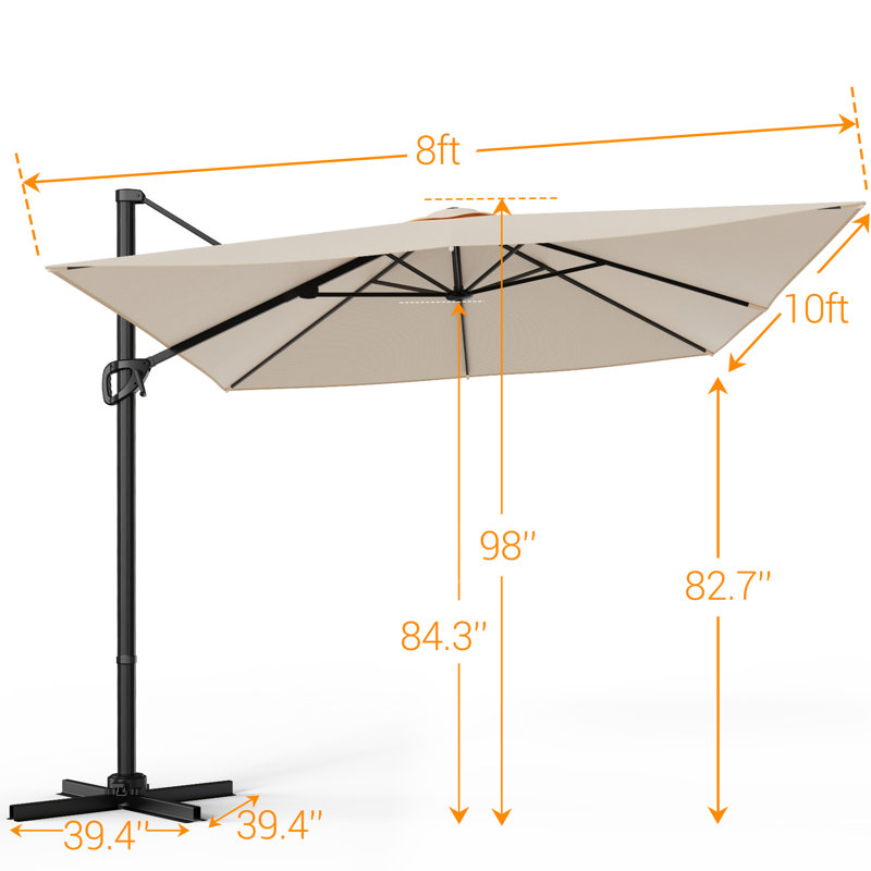 Parasol de patio en porte-à-faux 10 x 8 pi avec cadre robuste à 8 nervures pour piscine, jardin, Sable