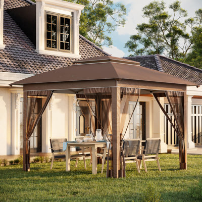 Pop Up Canopy Gazebo With Mesh Netting And Carry Bag, 12' X 12', Khaki, Adjustable Height, 137 Sq.Ft Shade For Outdoor Activity Garden Patio