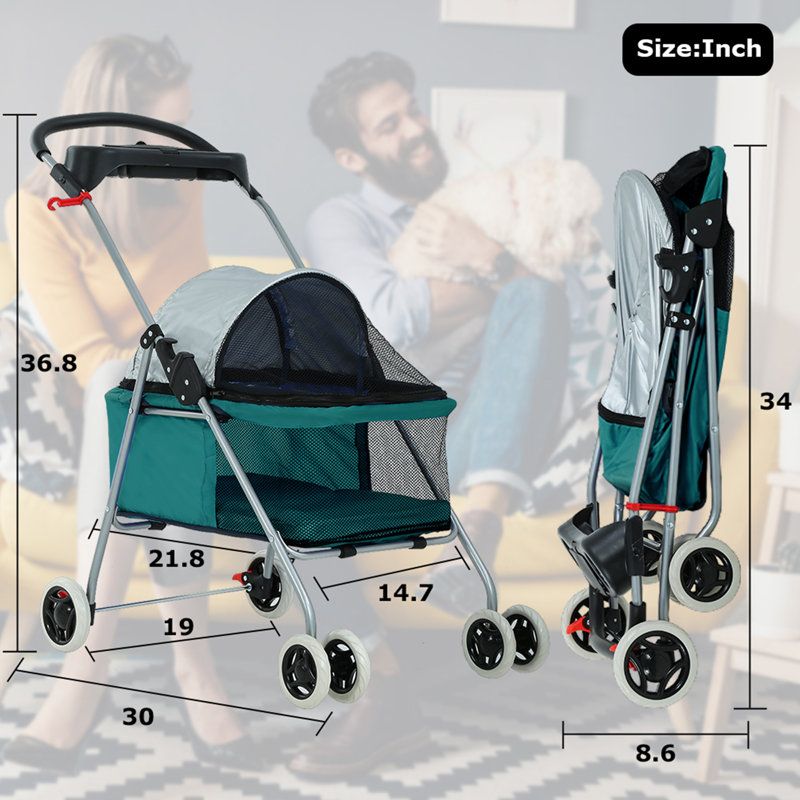 Teal Foldable Pet Stroller with Mesh Windows and Cup Holder
