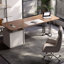 Bureau en bois manufacturé rectangulaire brun noisette + beige + acier inoxydable avec 3 tiroirs-109026603-109026606