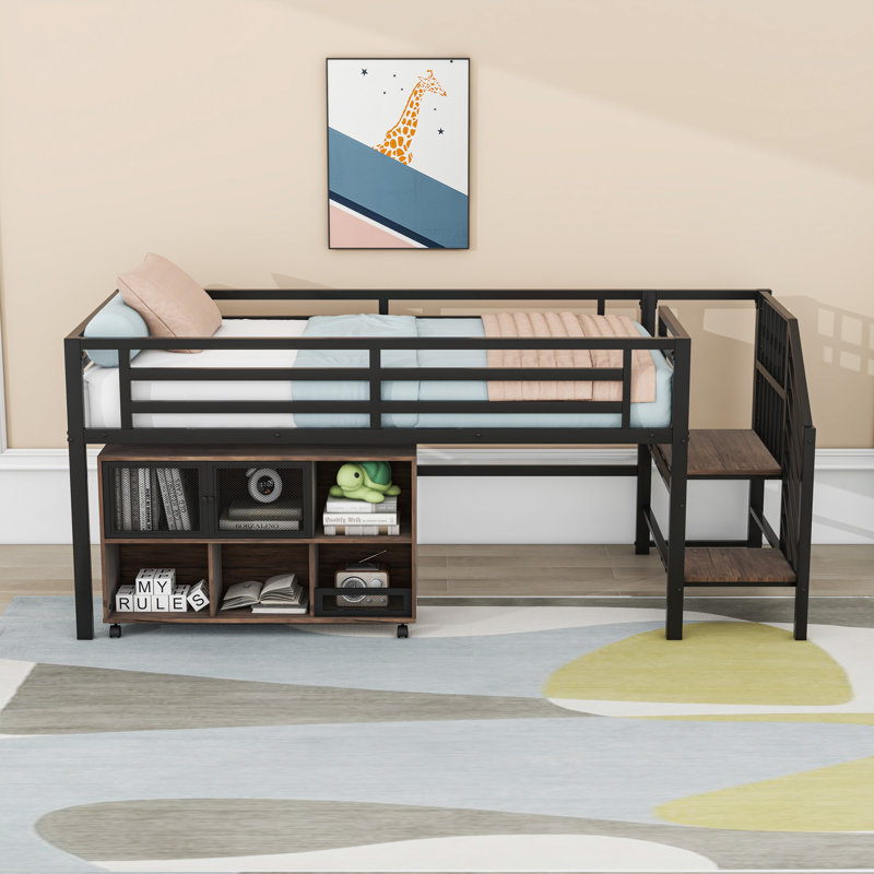 Twin Metal Loft Bed With Storage And Stairs, Black