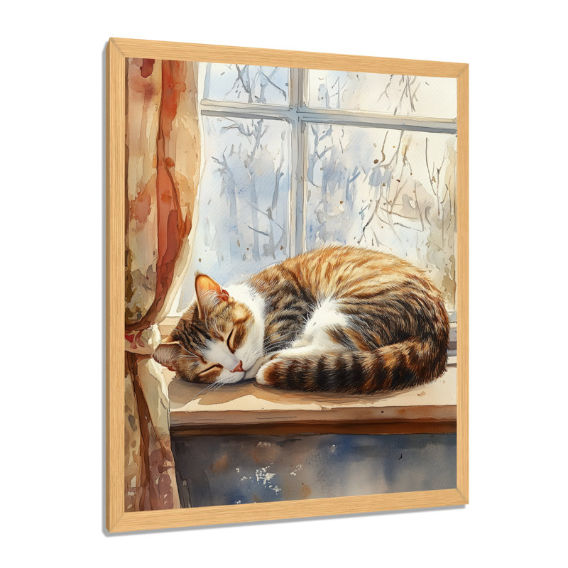 Chat blanc et brun endormi sur le rebord de la fenêtre I - Tableau encadré, H 40 po x l 30 po, Natural Picture Framed