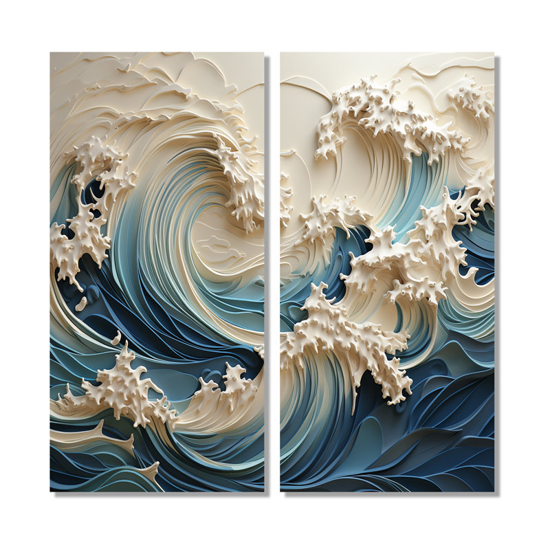 «White and Blue Wave Papercut Style III - Coastal Waves», ensemble de 2 impressions murales côtières, H 32 po x l 32 po