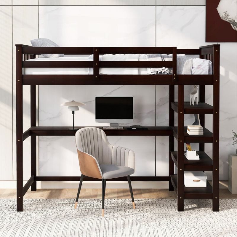 Lit mezzanine simple avec tablettes de rangement et bureau sous le lit, Lit simple, Espresso