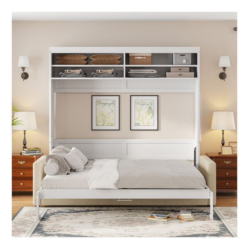Queen Size Murphy Bed Wall Bed With Sofa,White