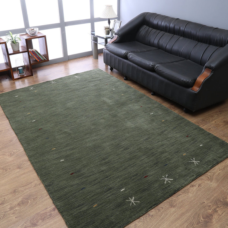 Tapis écologiques en laine noué à la main Overbey - Rectangle, couleur verte, design moderne contemporain, tapis épais antidérapants faits à la main pour salon, chambre à coucher
