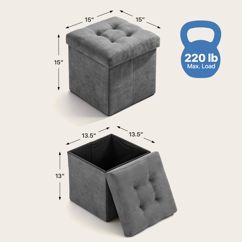 15" Folding Storage Ottoman, Upholstered Tufted Foldable Footstool With Padded Seat For Living Room Bedroom, Dark Gray