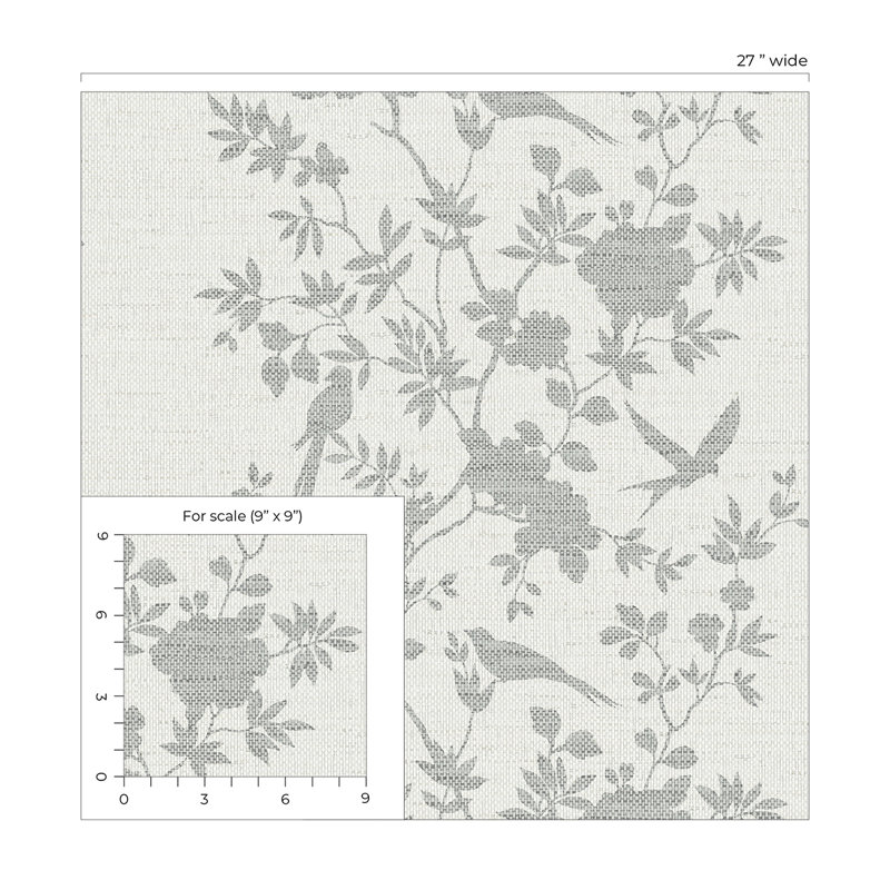 Floral Grass Cloth Wallpaper Roll, Gray Wave