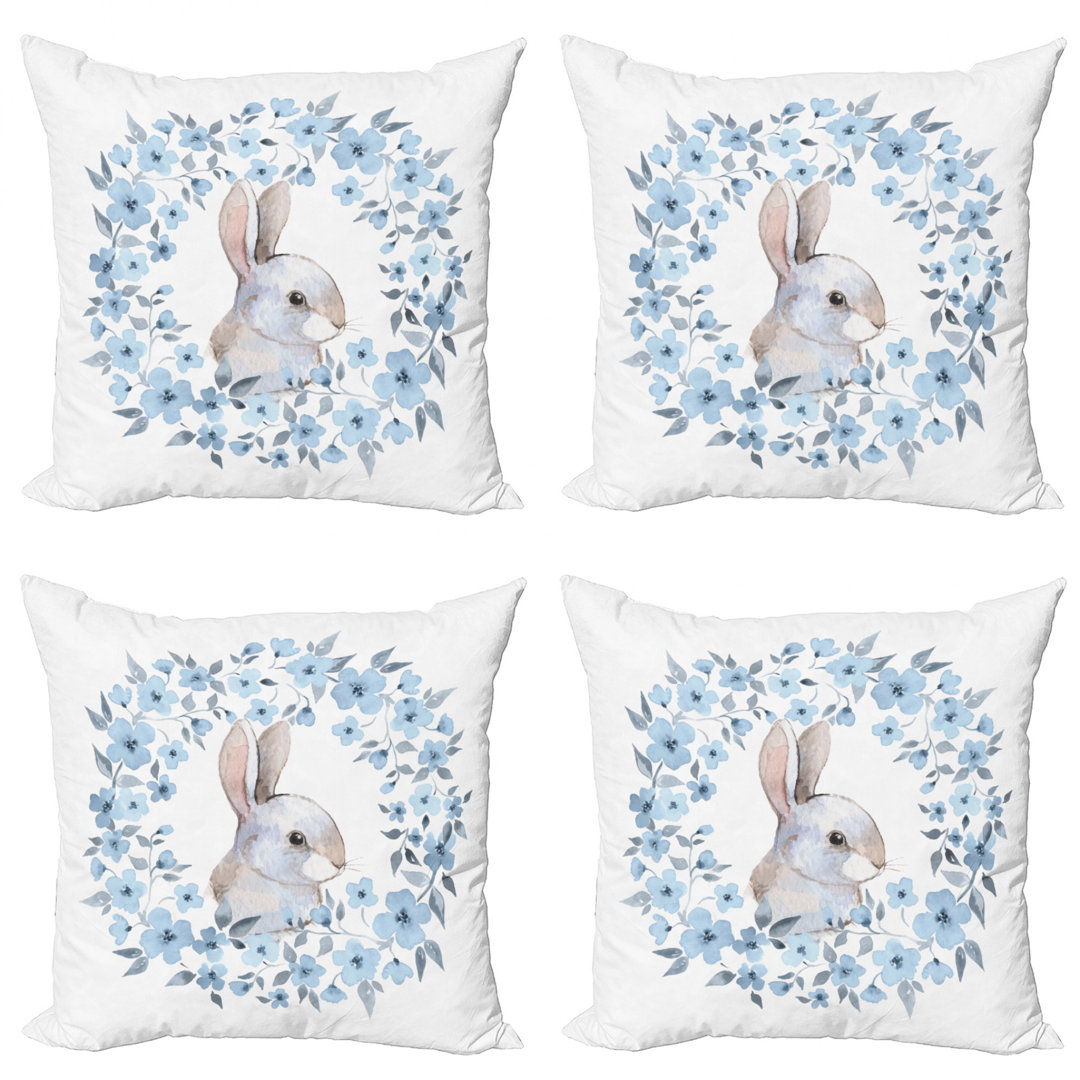 Ambesonne Watercolor Flower Throw Pillow Cushion Case Pack Of 4, Bunny Rabbit Portrait In Floral Wreath Illustration Country Style, Modern Accent Double-Sided Digital Printing, 18", Blue Grey White (Set of 4) Ambesonne 