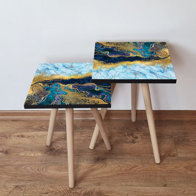 Elegant Nesting Table Set (2 Pieces), Navy Blue & Gold Abstract Marble Design, 13.8 x 18.5 x 13.8 inches | 100% MDF with Beech Wood Legs, Perfect for Living Room & Modern Décor, Stylish & Functional