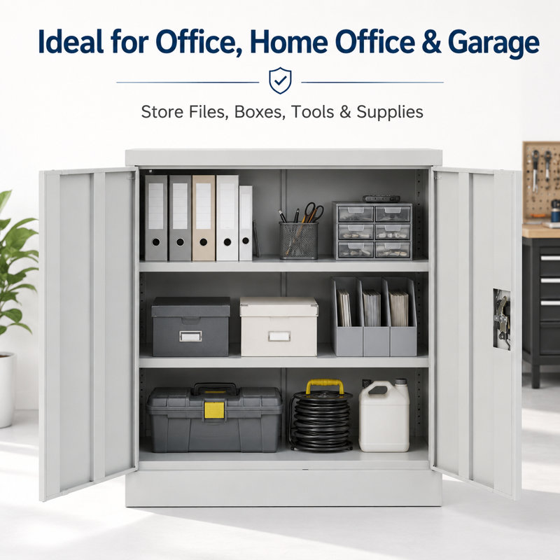 Hilliard Metal Storage Cabinet with Lock, 2 Doors,  1 Shelf Storage Cupboard for Files, Tools, 90cm H x 90cm W x 40cm D