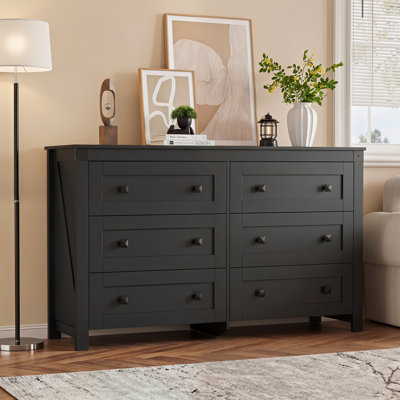 Farmhouse 53'' W 6 Drawer Dresser for Bedroom, Wood Storage Organizer with Double Rustic Handle, TV Stand for 60 inch TV, Chest of Drawers for Living Room, Hallway