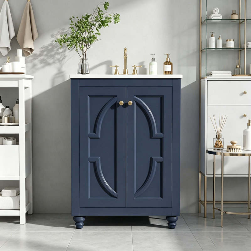 Meuble-lavabo moderne de 24 po avec motif elliptique orné et charnières à fermeture en douceur, armoire de salle de bain avec structure ouverte au dos, pieds tournés en boule avec élégance française