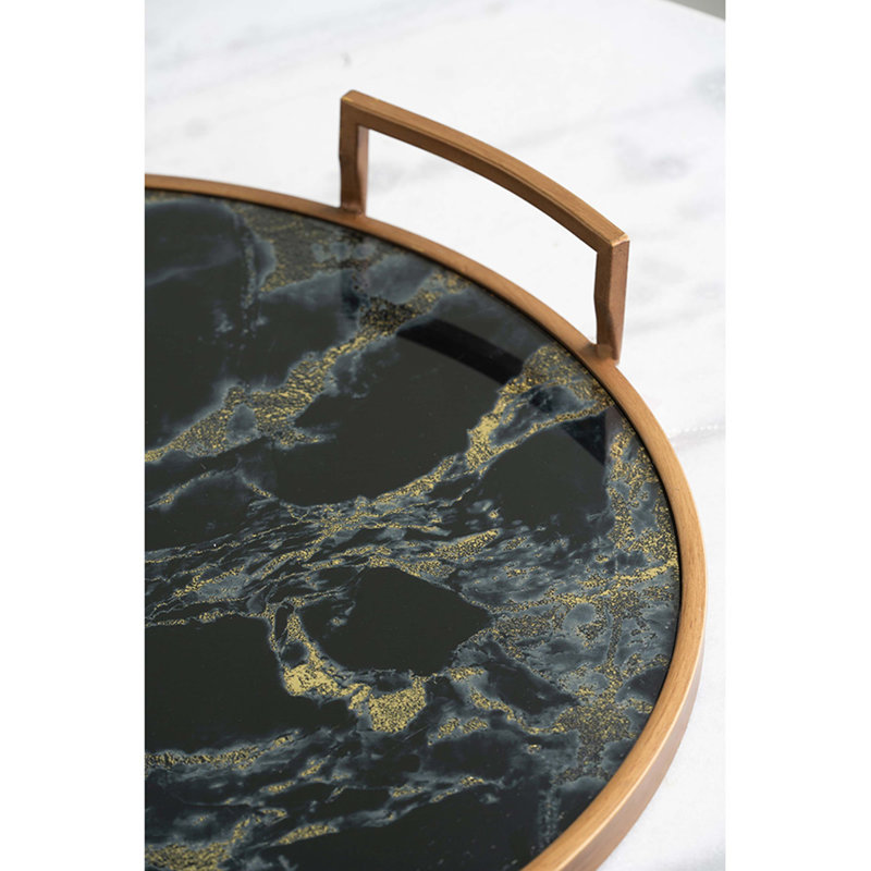 Ensemble de 2 plateaux décoratifs avec poignées, noir et blanc, faux marbre