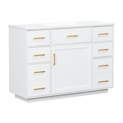 48" Freestanding Bathroom Vanity with Composite Sink Top, 7 Drawers & 1 Soft-Close Door, White