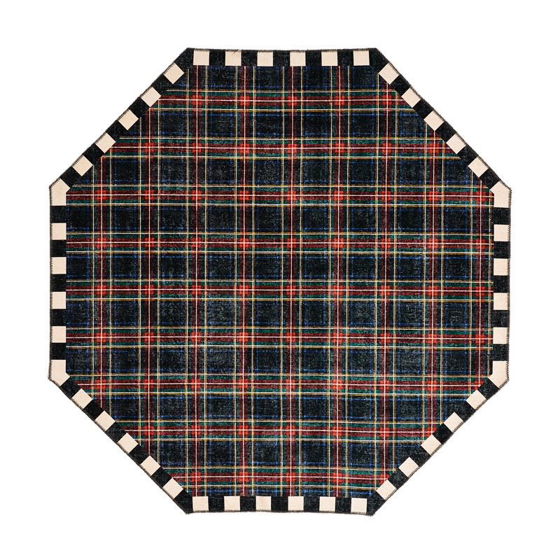 Stewart Tartan Black Washable Rug, Octagon 6'
