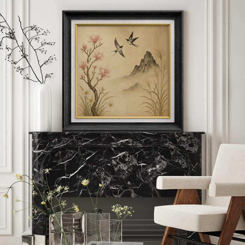 «Magnolia and Swallows with Mountain Reed», reproduction d'art sur papier encadrée, H 26 po x l 26 po x P 1,5 po