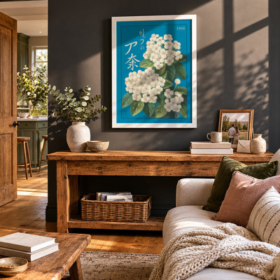 White Blossoms on Turquoise Botanical - Framed Print