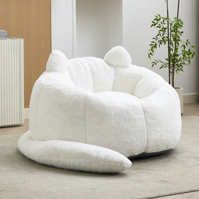 Coussin en forme de chat pour adulte, blanc, fausse fourrure, mousse haute, sans assemblage, antidérapant, idéal pour lire le sac de pois en forme de chat, tissu à mémoire de forme blanc, base antidérapante