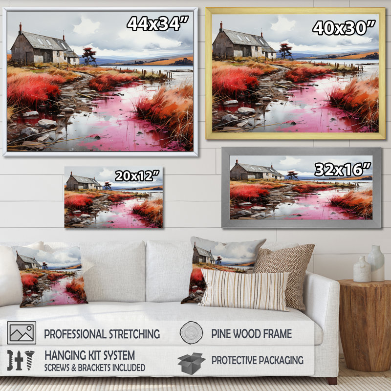 Meadow Cottage At The Pond 3 - Paysage, art mural sur toile tendue, Cadre d'angle fermé noir, H 20 po x l 12 po x P 1 po
