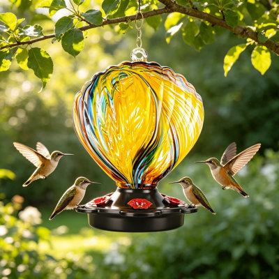 Mangeoire de colibri en forme de coquillage pour suspendre à l'extérieur, verre soufflé à la main avec perchoirs, jamais étanche et antirouille, cadeau unique pour les femmes, art en verre pour la cour arrière, ruban inclus