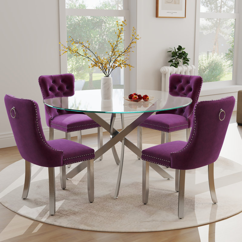 Keyari 4 - Person Pedestal Dining Set, 29.5"H x 47"L x 47"W, Purple, Silver