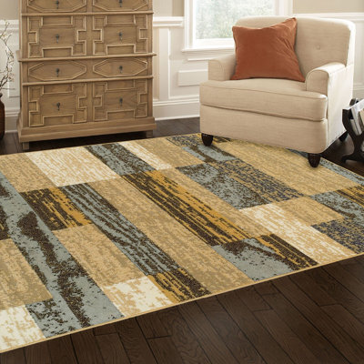 Tapis bleu clair et beige tissé à la machine 5 pi x 8 pi patchwork