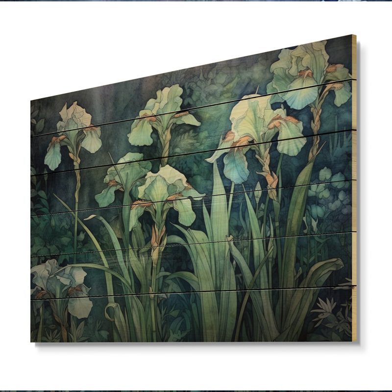 Pétales verts iris III sur bois, H 10 po x l 20 po x P 0,78 po